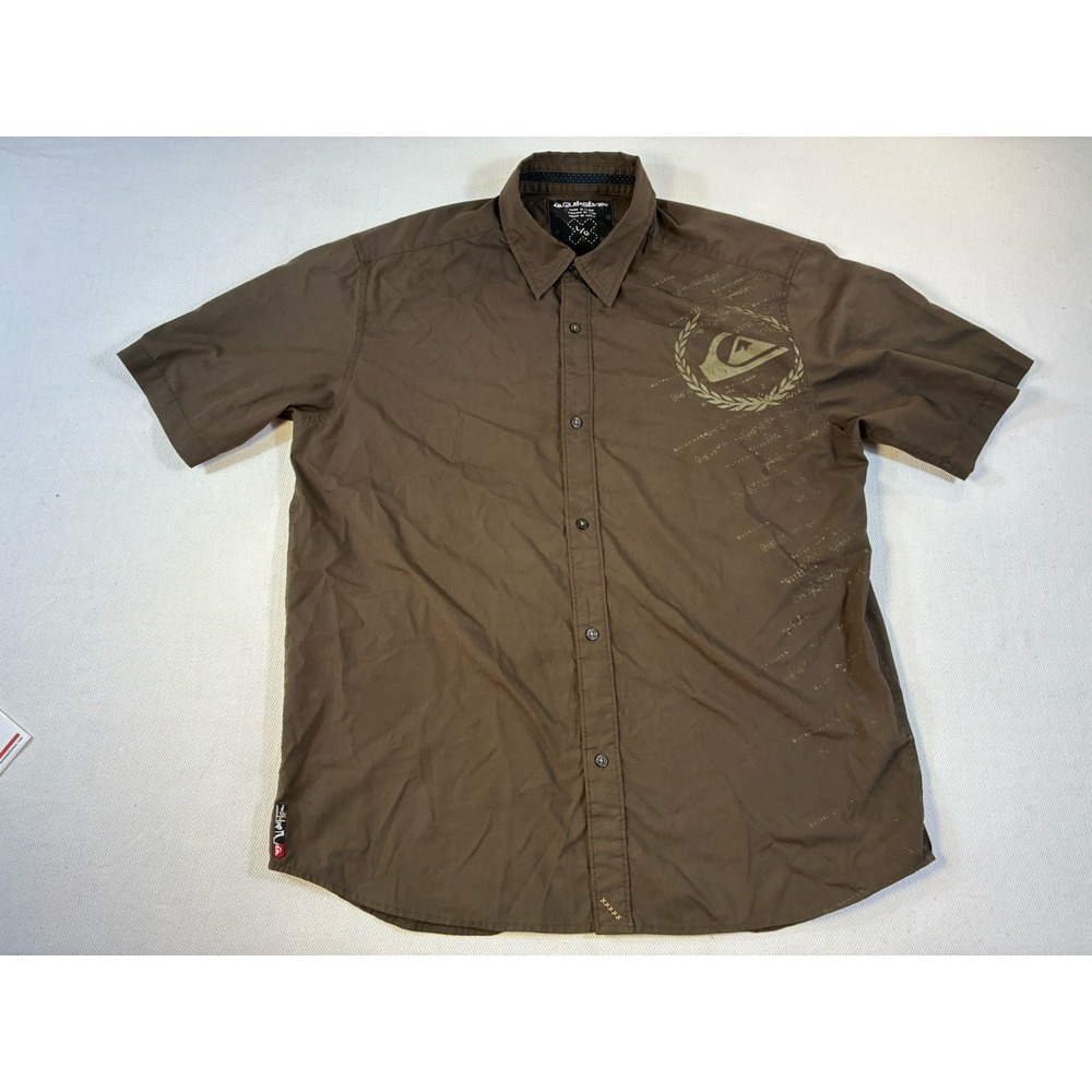 Quiksilver Shirt Mens Large‎ Brown Wreath Logo Print Short Sleeve Button Down L